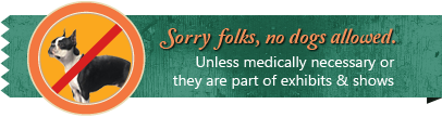 Sign: no dogs allowed, except for medical or exhibits/shows. Includes dog with red slash through it.