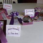 Ribbons and awards on a table, including 'Grand Champion' and 'Fine Arts'. Purple and white colors.