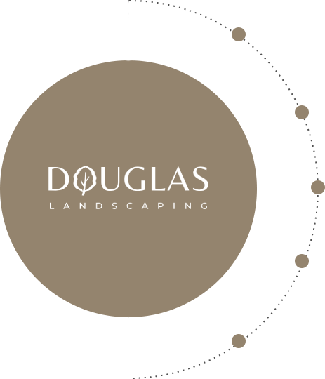 Logo for Douglas Landscaping, featuring a brown circle with white text and a stylized leaf design. 