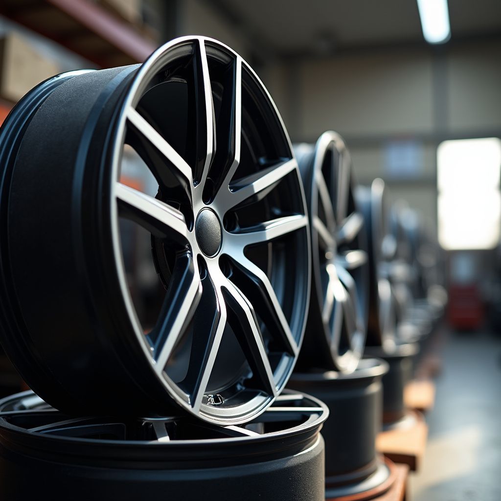 Black and silver alloy car wheels lined up in a warehouse setting.