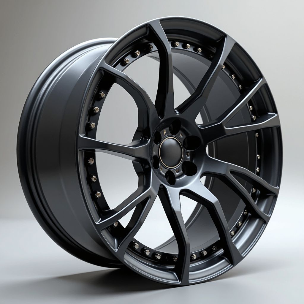 Dark gray alloy car wheel with multiple spokes on a light gray surface.