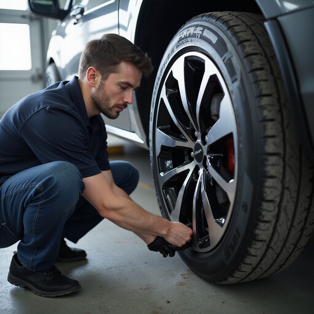 Mechanic checking tire pressure on a car in a garage.