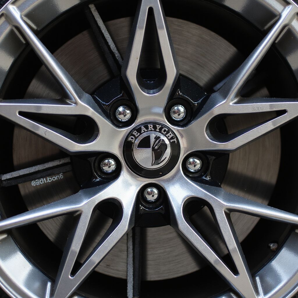 Silver and black car wheel with a star-shaped spoke design and a central logo.