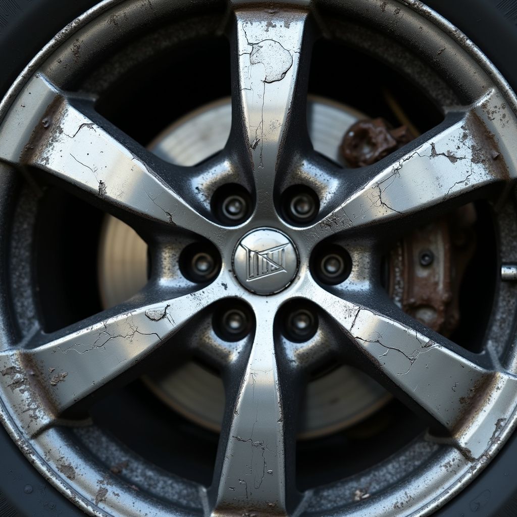 Close-up of a weathered car wheel with a hubcap and brake components. The wheel is silver and shows wear.