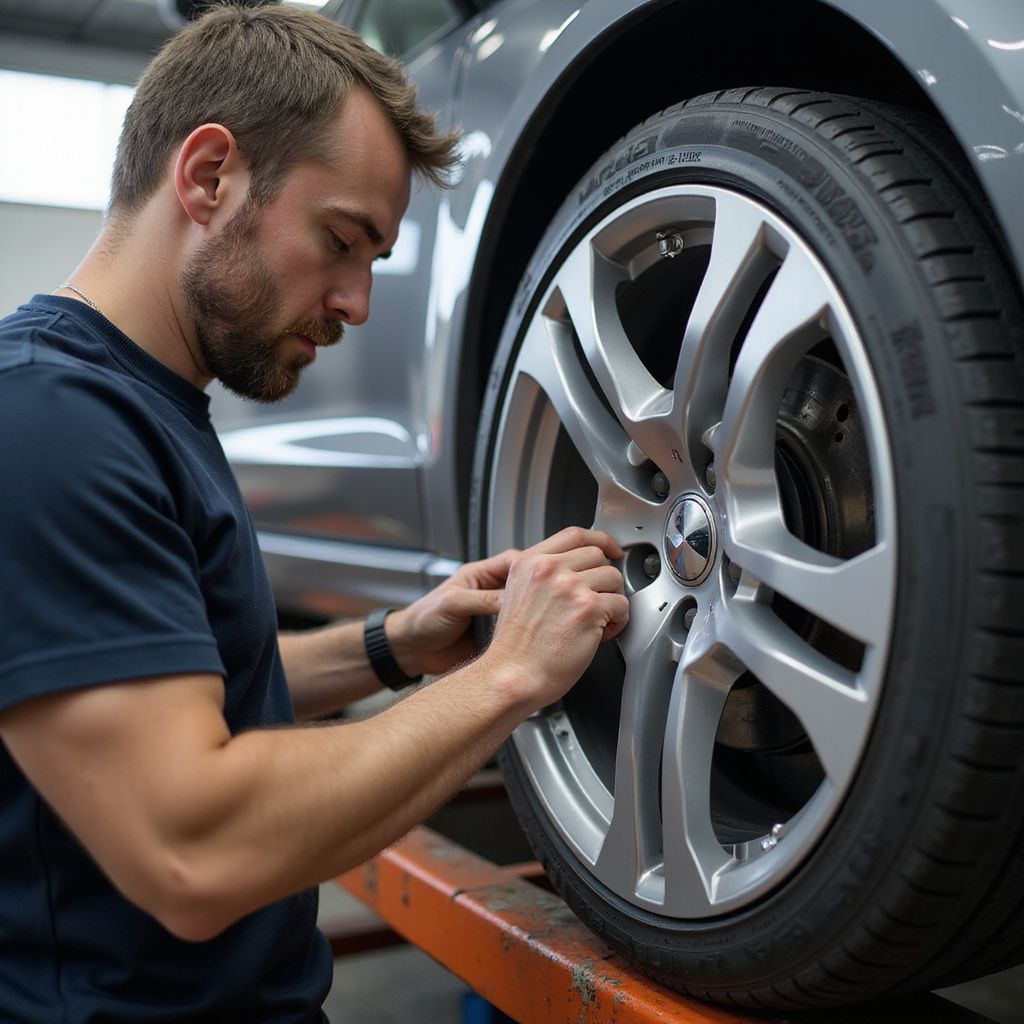 Mechanic tightening lug nuts on a car's wheel. Gray car, orange lift, indoors.