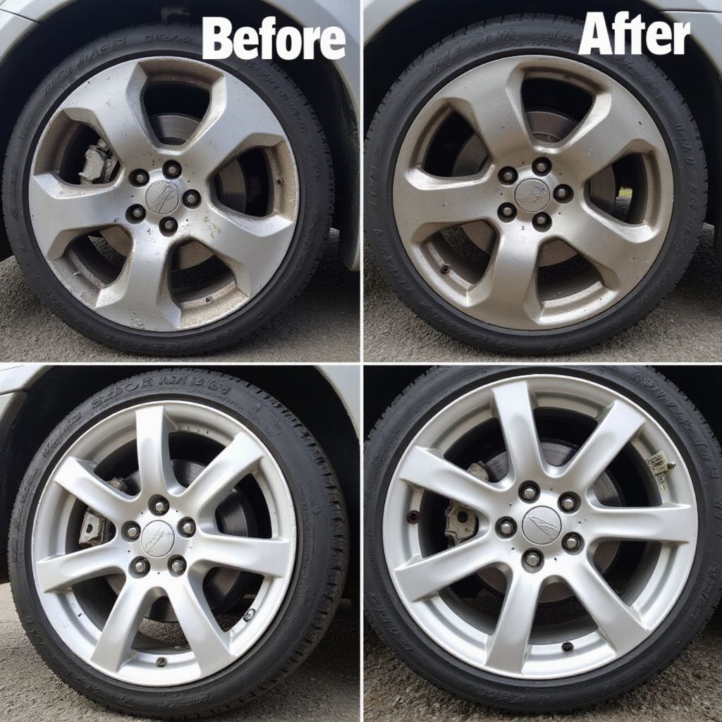 Four-panel comparison: dirty car wheels before and after cleaning.
