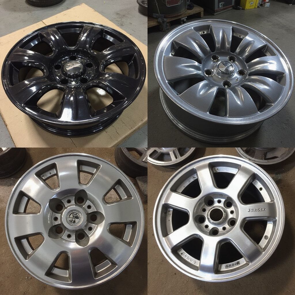 Four car alloy wheels in various shades of black and silver, arranged in a grid.