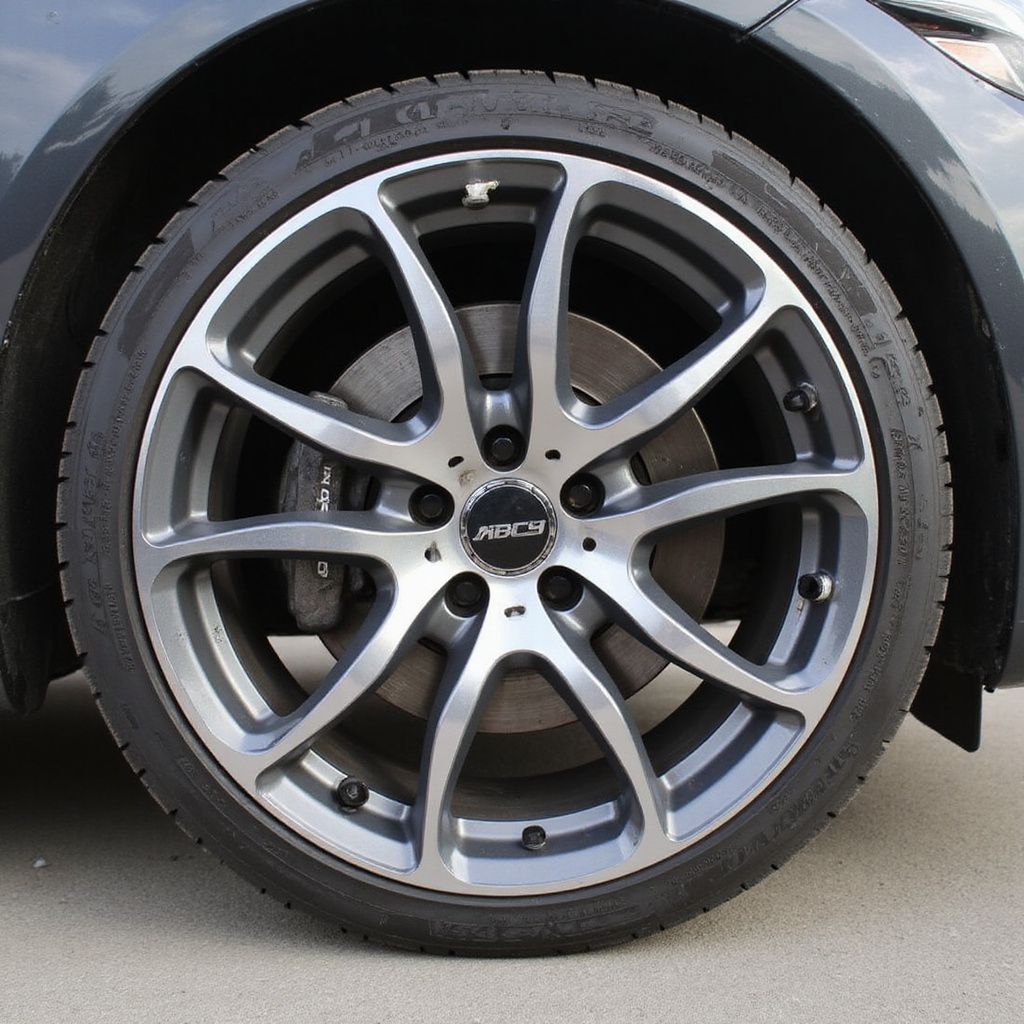 Car wheel with dark grey spokes, silver rim, and black tire.