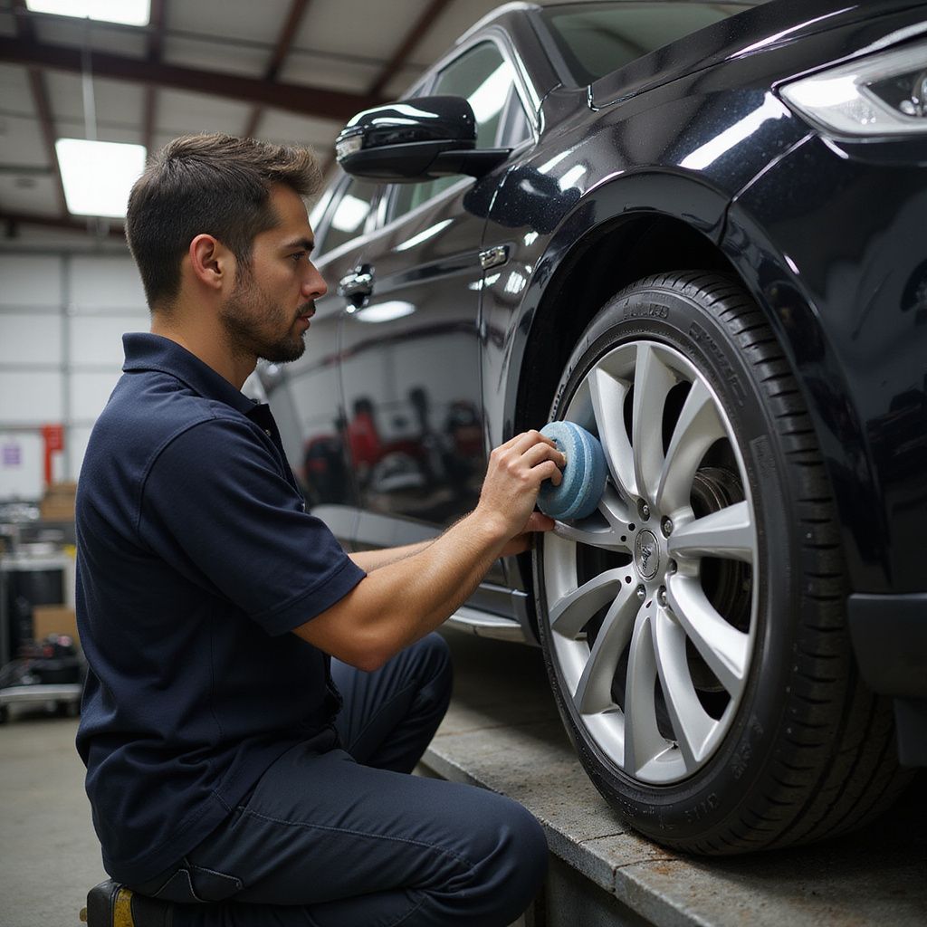 Mechanic cleaning a black car wheel, squatting in a garage setting.