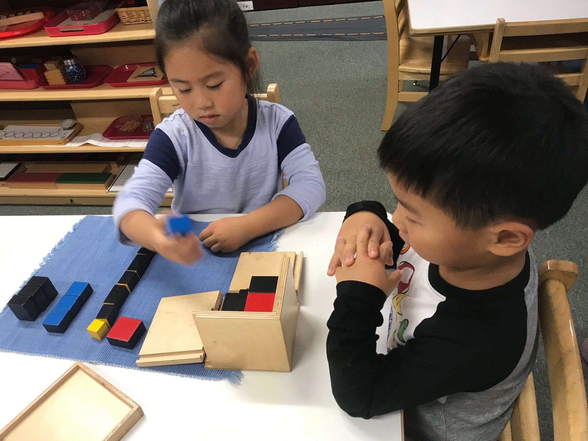 A boy and a girl are playing with wooden montessori blocks at a table