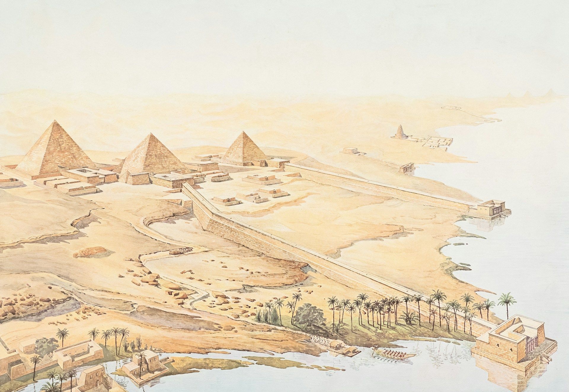 Watercolor illustration of the Giza pyramids in ancient Egypt, near water, with a long causeway and other structures.