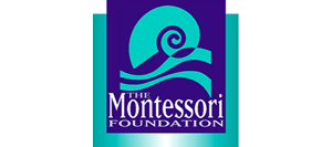 A blue and white logo for the montessori foundation