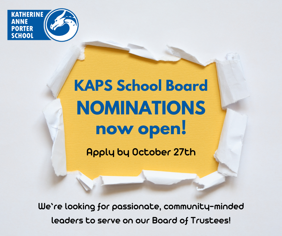 KAPS School Board Nominations now open! Apply by October 27th. We're looking for passionate, community-minded leaders to serve on our Board of Trustees!