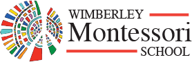 A logo for wimberley montessori school with flags on it