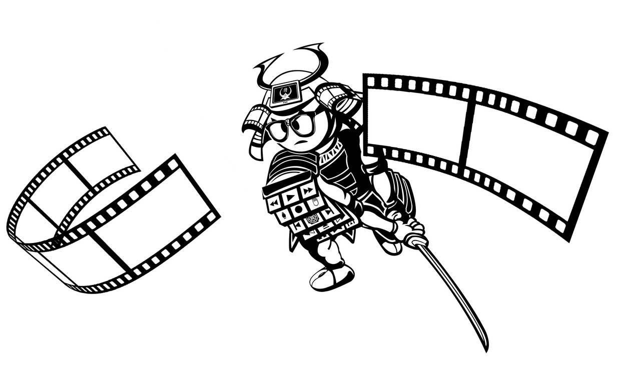 Samurai figure holding a sword, flanked by strips of film.