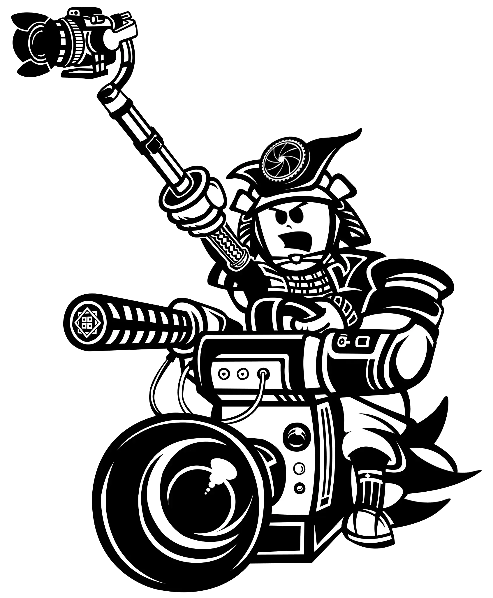 Samurai warrior on a camera rig, holding a camera on a selfie stick, black and white illustration.