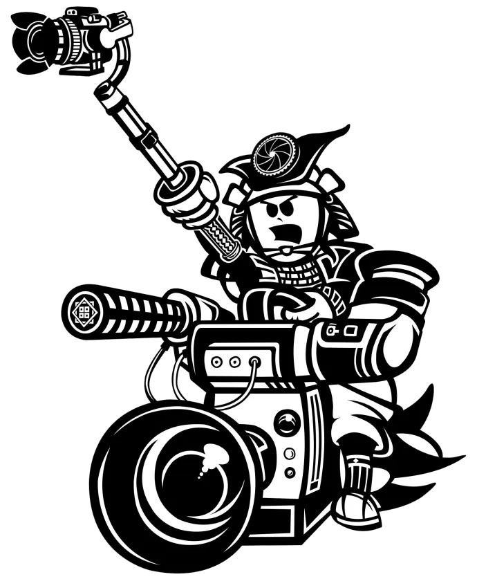 Samurai warrior on a camera rig, holding a camera on a selfie stick, black and white illustration.