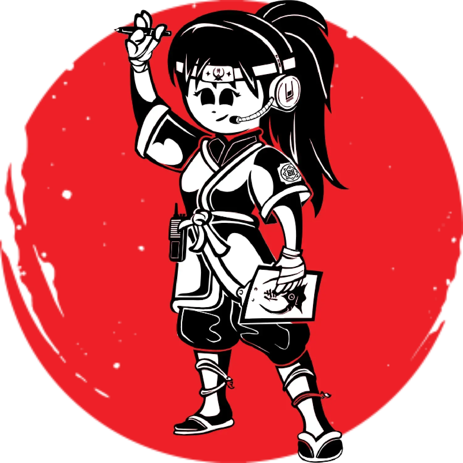 Cartoon woman in ninja garb, headset, holding pen, and drawing. Set against a red circle.