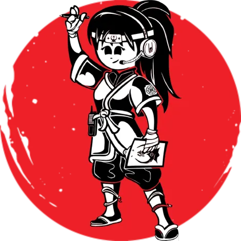 Cartoon woman in ninja garb, headset, holding pen, and drawing. Set against a red circle.