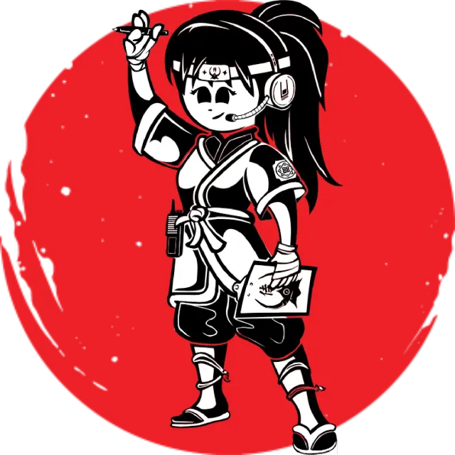 Cartoon woman in ninja garb, headset, holding pen, and drawing. Set against a red circle.