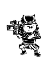Samurai cartoon figure holding a video camera, in a squatting stance, black and white.