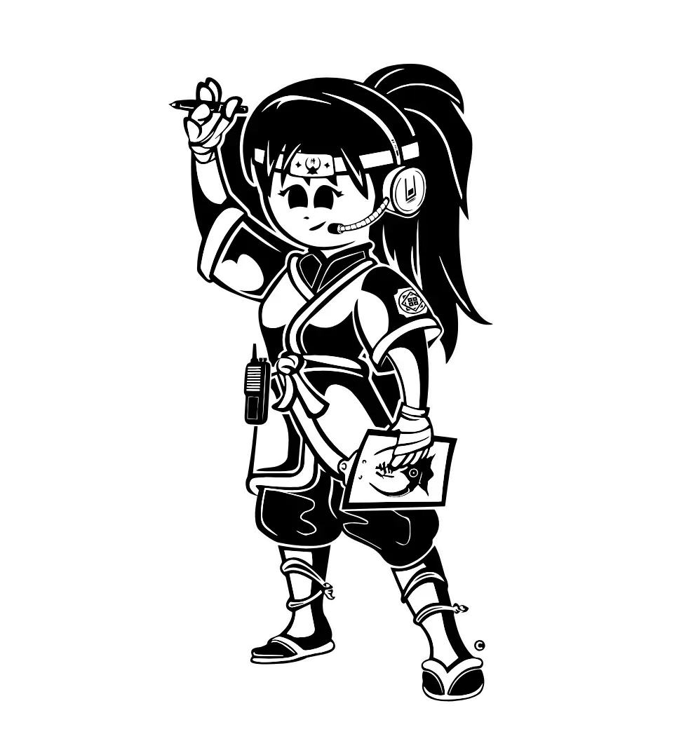 Ninja girl with headset and notepad; holding pen, ponytail, black and white clothing.
