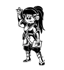Ninja girl with headset and notepad; holding pen, ponytail, black and white clothing.