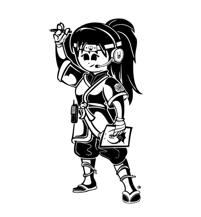 Ninja girl with headset and notepad; holding pen, ponytail, black and white clothing.