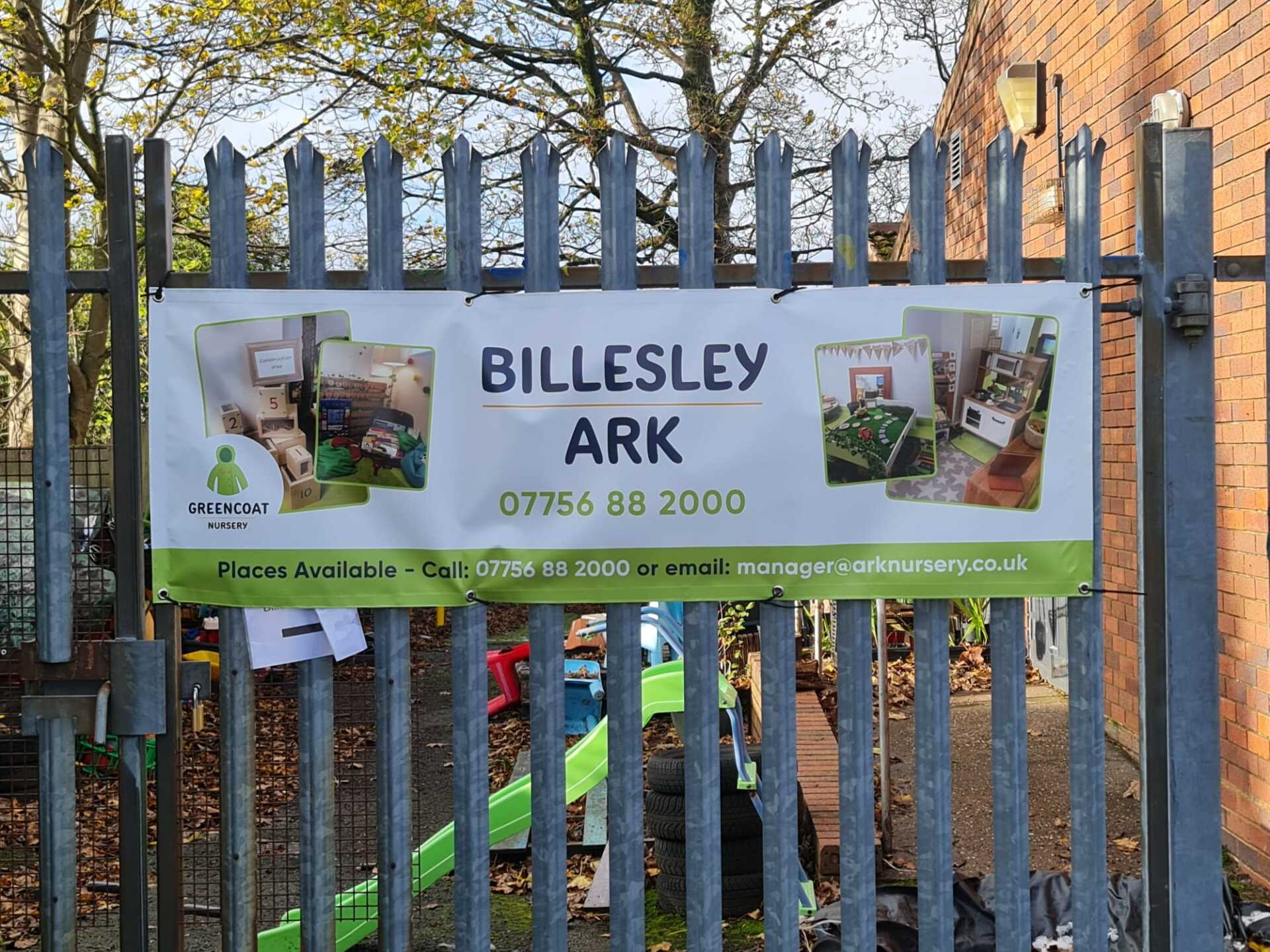Sign for Billesley Ark on a gate, with contact info and photos of the interior.