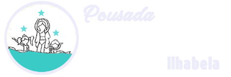 Logo for Pousada Ilhabela featuring a circular icon with three figures on a beach, with 