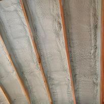 A close up of a ceiling with foam on it and wooden beams.