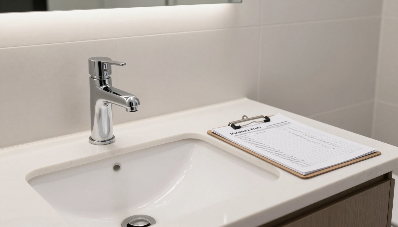 White bathroom sink with chrome faucet beside a clipboard on the counter
