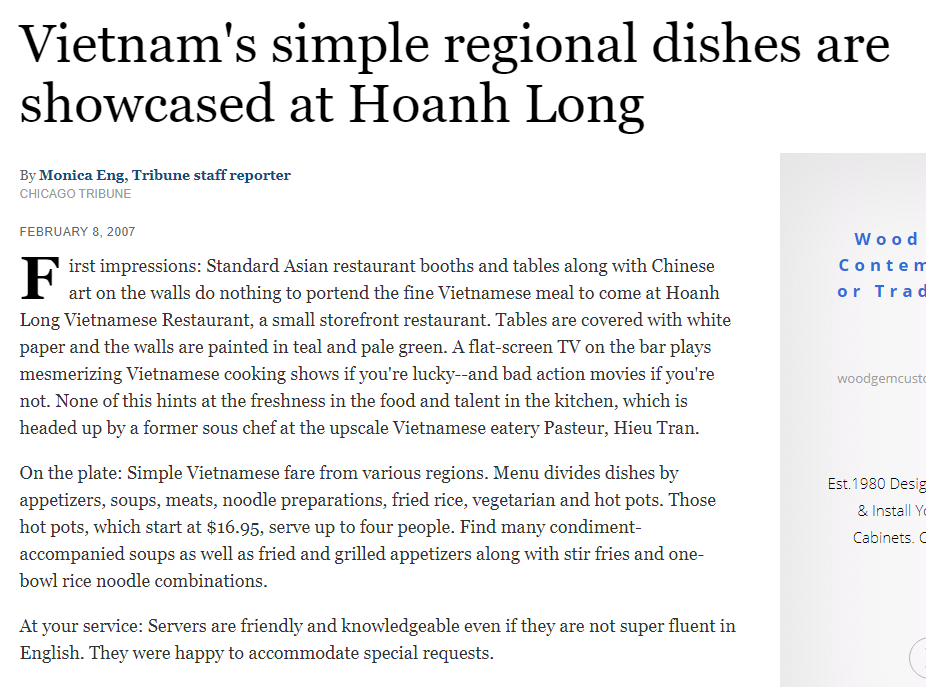 Food Review — Chicago Tribune Article in Chicago, IL