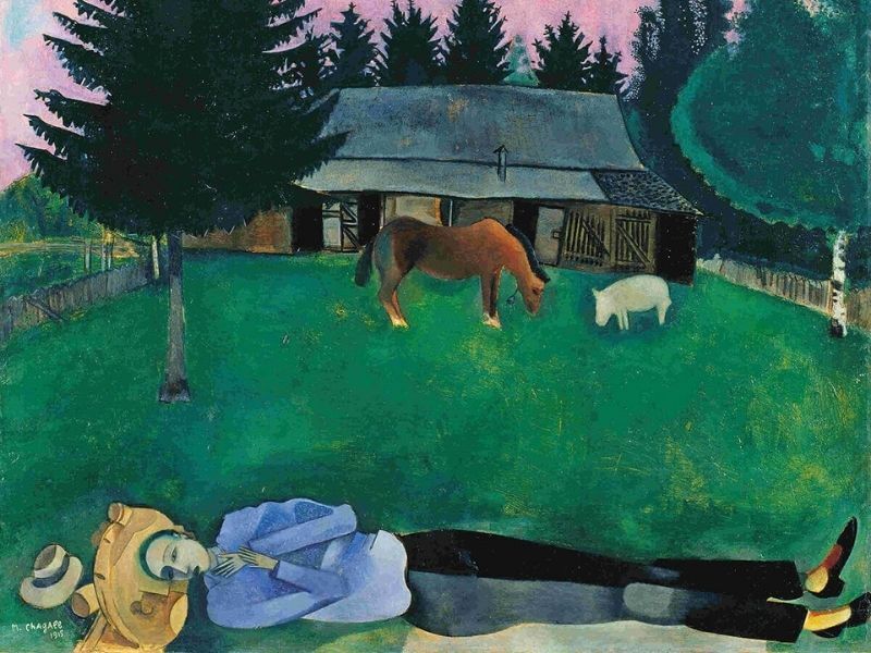 un dipinto di un uomo sdraiato a terra con un cavallo sullo sfondo