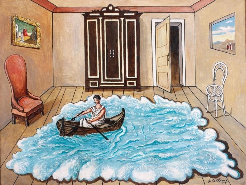 un dipinto di un uomo su una barca in una stanza