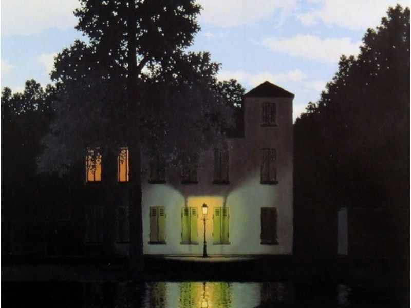 un dipinto di una casa con un lampione davanti