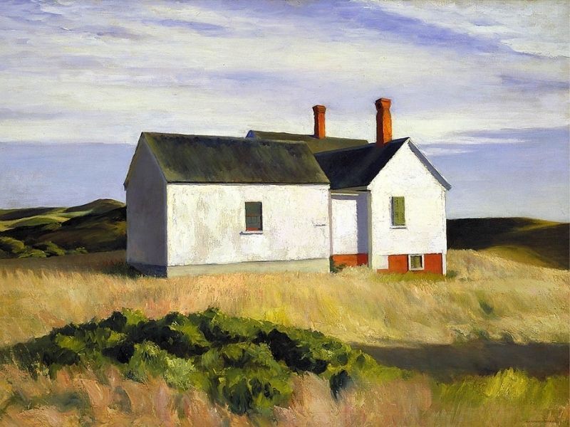 un dipinto di una casa bianca in un campo