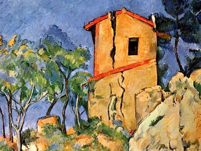 un dipinto di una casa in cima a una collina rocciosa
