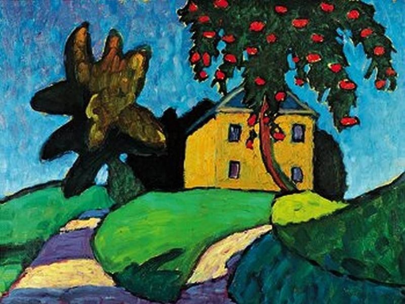 un dipinto di una casa gialla con un albero davanti