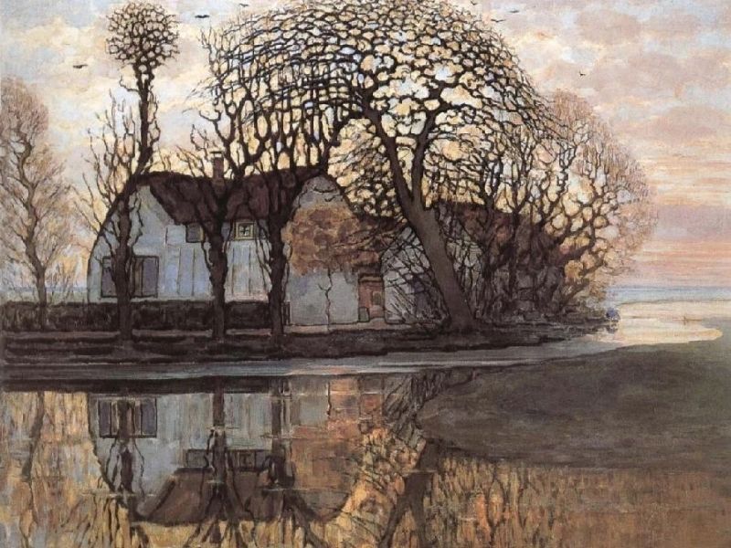 un dipinto di una casa e alberi riflessi nell'acqua