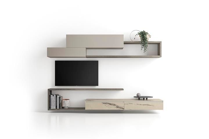 Mobiletto modulare a parete moderno nei toni del beige e del legno, con TV, libri e una piccola pianta.