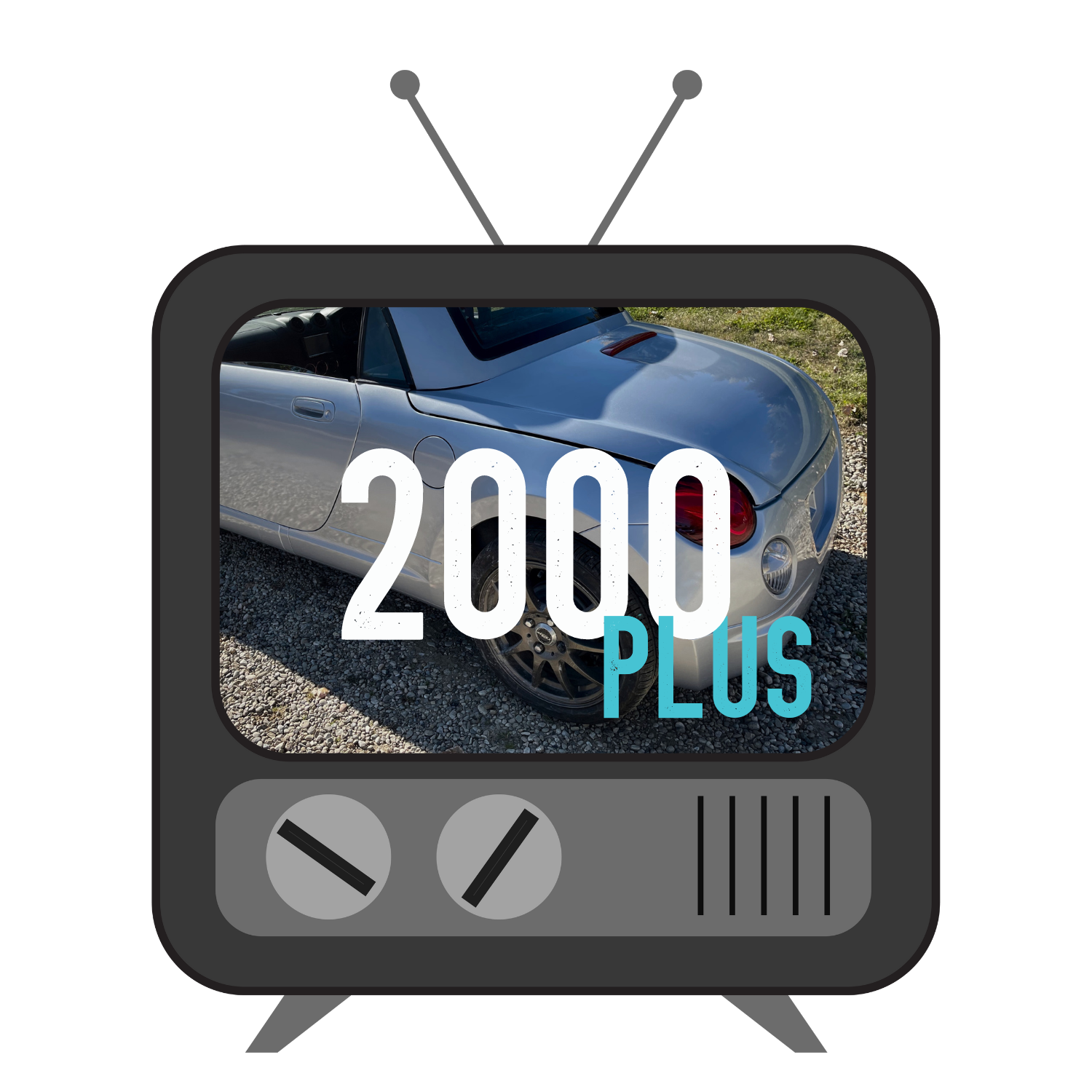 A tv with a picture of a car and the words 2000 plus on it