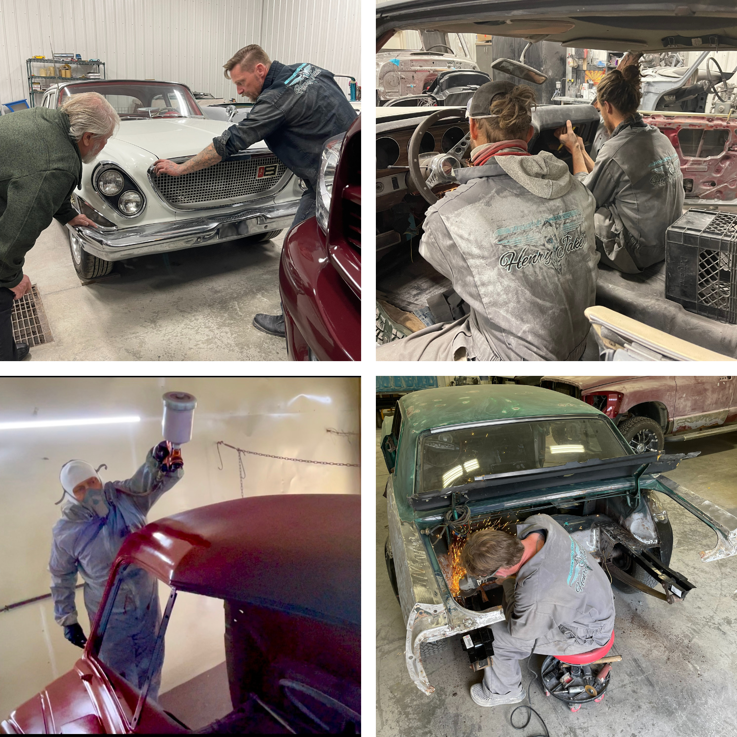 4 images of men working on cars