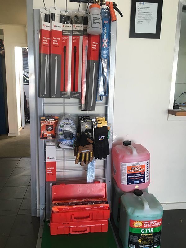 A Display of Various Items Including Wiper Blades and Gloves — Fletcher's Truck and 4WD Repair Centre in Forster, NSW