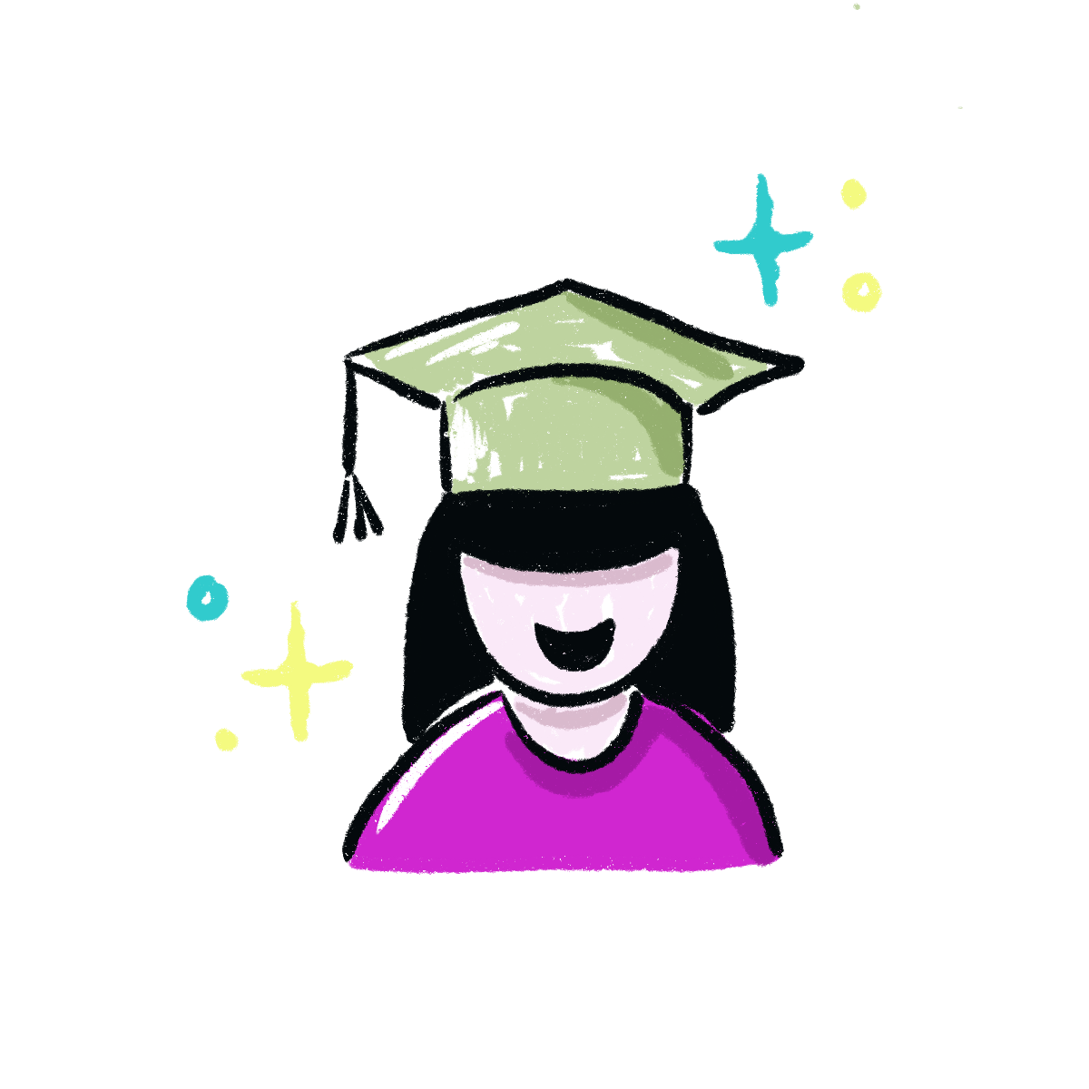 Estudiante graduado con gorra verde, sonriendo y con brillos alrededor.