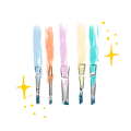 Cinco pinceles con trazos de color pastel como cerdas, con estrellas amarillas brillantes a su alrededor.