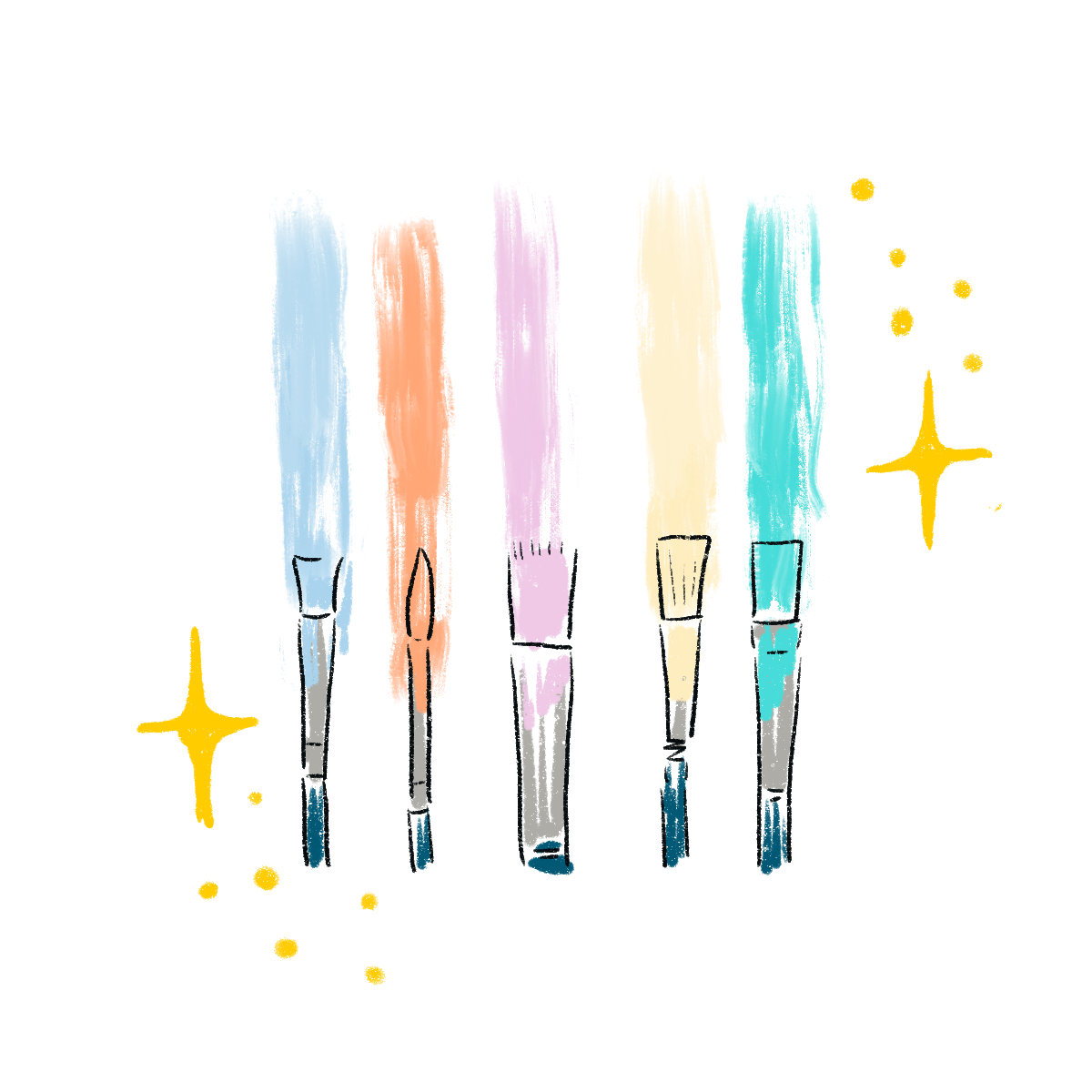 Cinco pinceles con trazos de color pastel como cerdas, con estrellas amarillas brillantes a su alrededor.