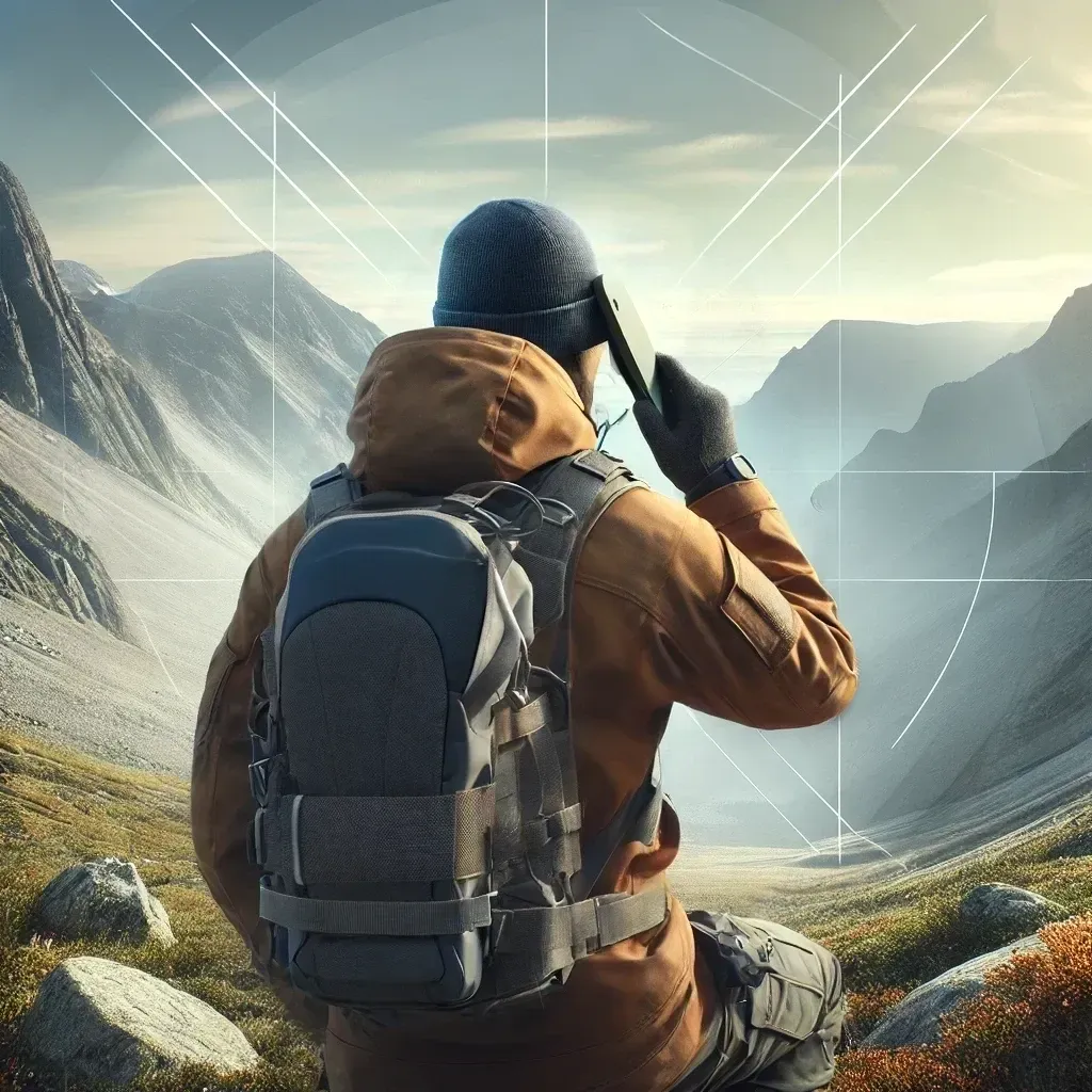 Un hombre con una mochila está hablando por un teléfono celular en las montañas.