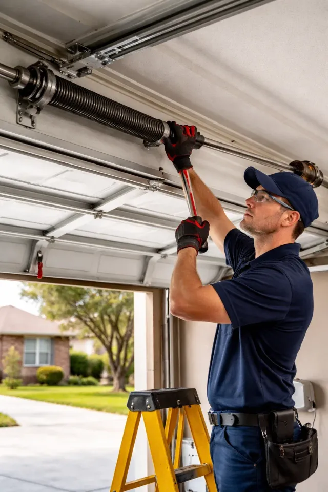 Technician servicing a garage door torsion spring