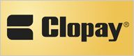 a close up of a clopay logo on a yellow background .